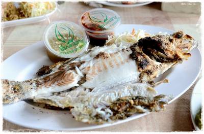 ปลากระพงเผาเกลือ ที่ ร้านอาหาร อิ่มปลาเผา บางมด พุทธบูชา