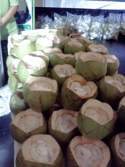 มะพร้าวหลายลูกเตรียมขาย ที่ ร้านอาหาร หม่อมเหยินไอศครีมมะพร้าวสด