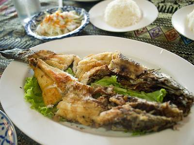 ปลาสำลีทอด สดใช้ได้ดี กรอบอร่อย ที่ ร้านอาหาร เรือนทอง