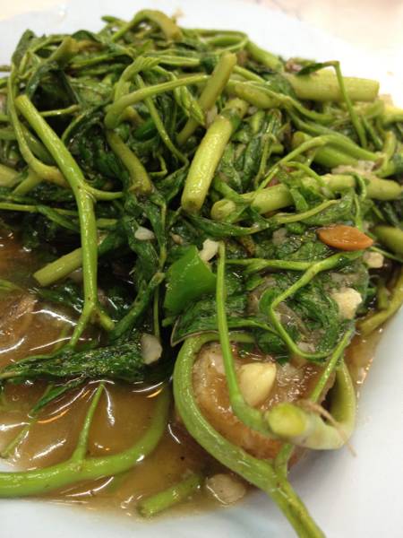 ผักกระเฉดหมูกรอบ ที่ ร้านอาหาร ราชาข้าวต้ม ผักบุ้งลอยฟ้า