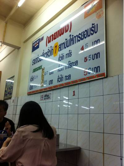 ป้ายราคาภายในร้าน ที่ ร้านอาหาร นายเพ้ง ราชาก๋วยเตี๋ยวคั่วไก่