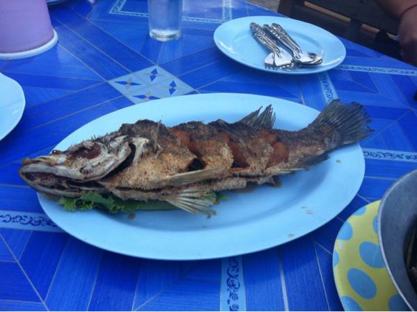 ปลากระพงทอดน้ำปลา ที่ ร้านอาหาร สังเวียน ซีฟู๊ด
