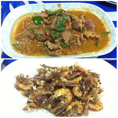 กะเพราเนื้อน่องลาย,กุ้งตะกราดทอดกระเทียม ที่ ร้านอาหาร เส่ย