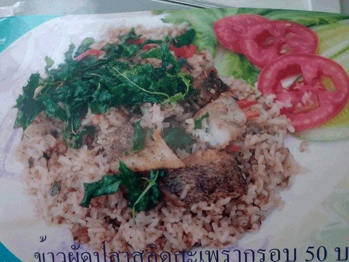 ข้าวผัดปลาสลิดกระเพากรอบ ที่ ร้านอาหาร ก๋วยเตี๋ยวตำลึงแม่คิ้ม