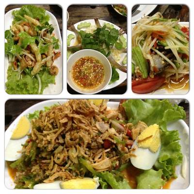 ยำถั่วพูล ส้มตำ กุ้งแช่น้ำปลา ยำสามกรอบ ที่ ร้านอาหาร บ่อตกกุ้ง รัชดา ซอย 8 ฝั่งธน