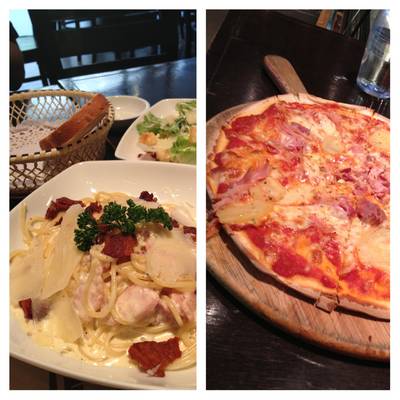 Carbonara (160B), Caesar Salad (140B), Pizza Hawaii (180B) and free bread…yummy! ที่ ร้านอาหาร Wine Connection Deli & Bistro K-Village Carbonara (160B), Caesar Salad (140B), Pizza Hawaii (180B) and free bread…yummy! ที่ ร้านอาหาร Wine Connection Deli & Bistro K-Village