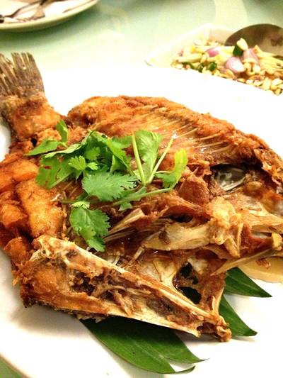 ปลากระพงทอดน้ำปลา ที่ ร้านอาหาร สามเสนวิลล่า ราชพฤกษ์