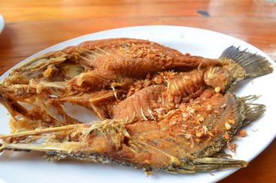 ปลากระพงทอดราดน้ำปลา ที่ ร้านอาหาร ปลาทู