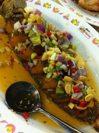 ปลาช่อนทอดกรอบสมุนไพร ตัวใหญ่มาก ที่ ร้านอาหาร นิตยาไก่ย่าง ปิ่นเกล้า