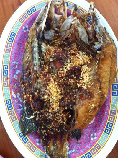 ปลากระพงทอด ที่ ร้านอาหาร แดงอาหารทะเล (เจ๊แดง) เจ้าเก่า