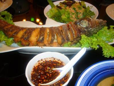 ปลาช่อนทอดกรอบและสลัดลาว มีน้ำจิ้มแจ่วด้วย เมนูนี้ต้องทานด้วยกันคะ ที่ ร้านอาหาร บ้านพึงชม