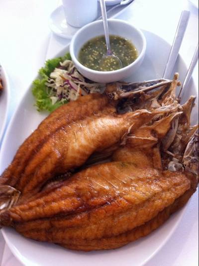 ปลากระพงทอดน้ำปลา ที่ ร้านอาหาร บ้านกลมกิ๊ก