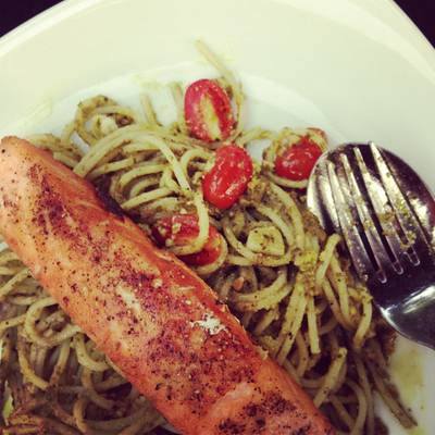 pasta with pesto sauce & salmon steak ที่ ร้านอาหาร The Attitude Wine bistro & Bar