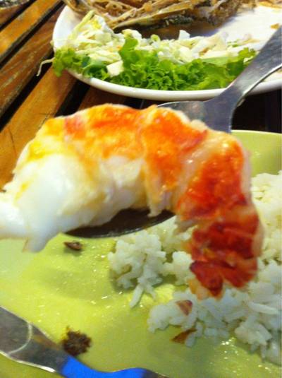 แกะมา ยาวกว่านิ้วชี้ คำเดียวเคี้ยวไม่หมดเลยครับ ที่ ร้านอาหาร บ้านเหนือน้ำ