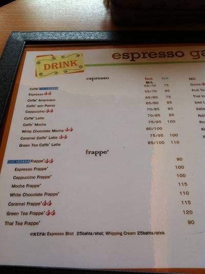 เมนูกาแฟ ที่ ร้านอาหาร Espresso Gallery