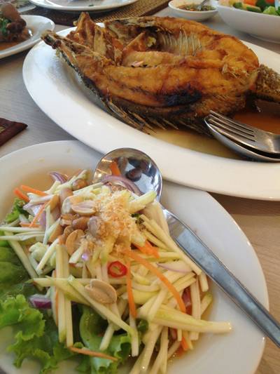 ปลากระพงทอดน้ำปลา กับยำมะม่วง ที่ ร้านอาหาร พริกหอม