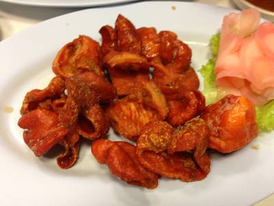ไส้หมูไฟแดง(ทอด) 60 บาท ที่ ร้านอาหาร หัวปลาหม้อไฟ เทียน เทียน