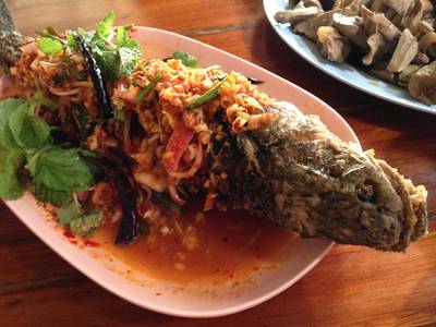 ปลาช่อนลุยสวน  ที่ ร้านอาหาร ร้านอาหารริมคลองน้ำอ้อม