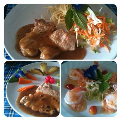 สเต๊กหมูสามสหาย สเต๊กหมูซอสพริกไทยดำ กุ้งนั่งยาง ที่ ร้านอาหาร กุ๊กชม