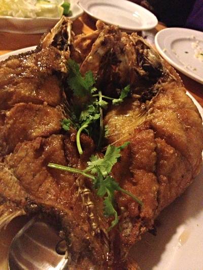 ปลากระพงทอดน้ำปลา ที่ ร้านอาหาร บ้านน้ำเคียงดิน ปลากระพงทอดน้ำปลา ที่ ร้านอาหาร บ้านน้ำเคียงดิน